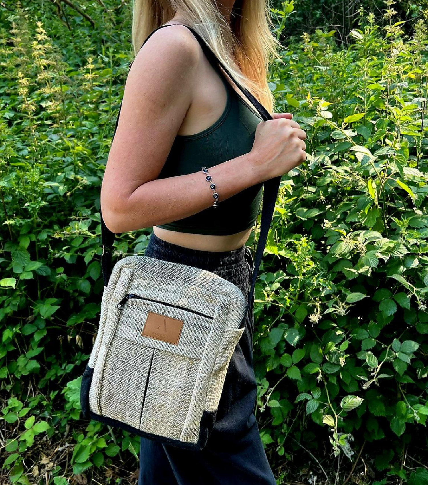 Hemp Shoulder Messenger Bag and Cotton Yarn Waving with Black Adjustable Strap